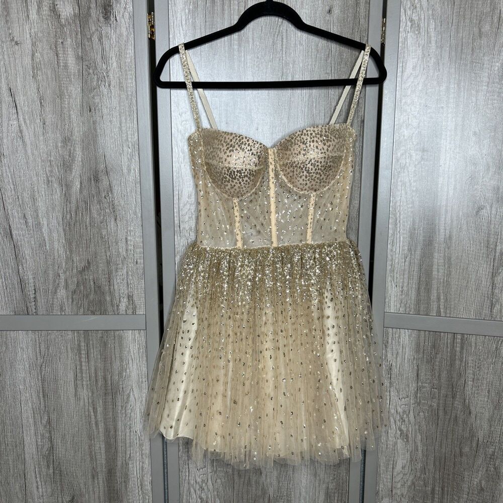 Lirika Matoshi Mini Dress Size S Corset Gold Sparkly Tule Party Cocktail Dance